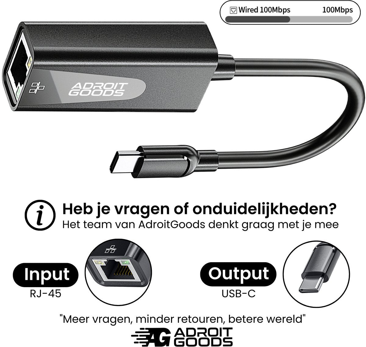 Zwarte AdroitGoods USB-C naar RJ-45 adapter voor bekabelde 100Mbps netwerkverbinding.
