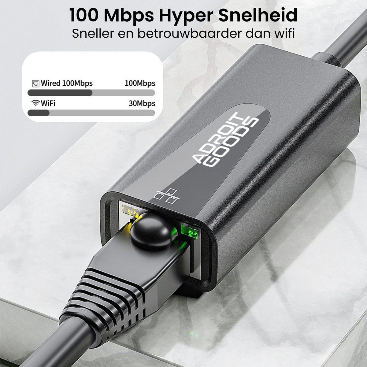 Zwarte AdroitGoods ethernetkabel met LED-lampje en focus op snelheid en betrouwbaarheid.