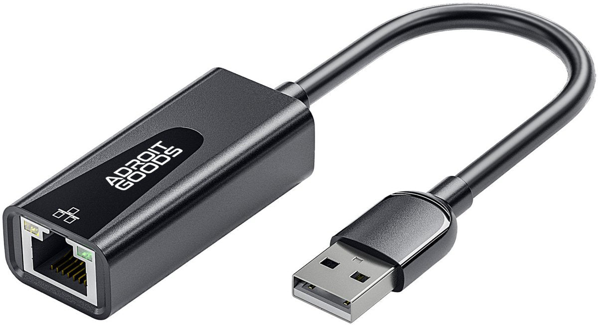 Zwarte USB naar Ethernet adapter met kabel en logo van Adroit Goods zichtbaar