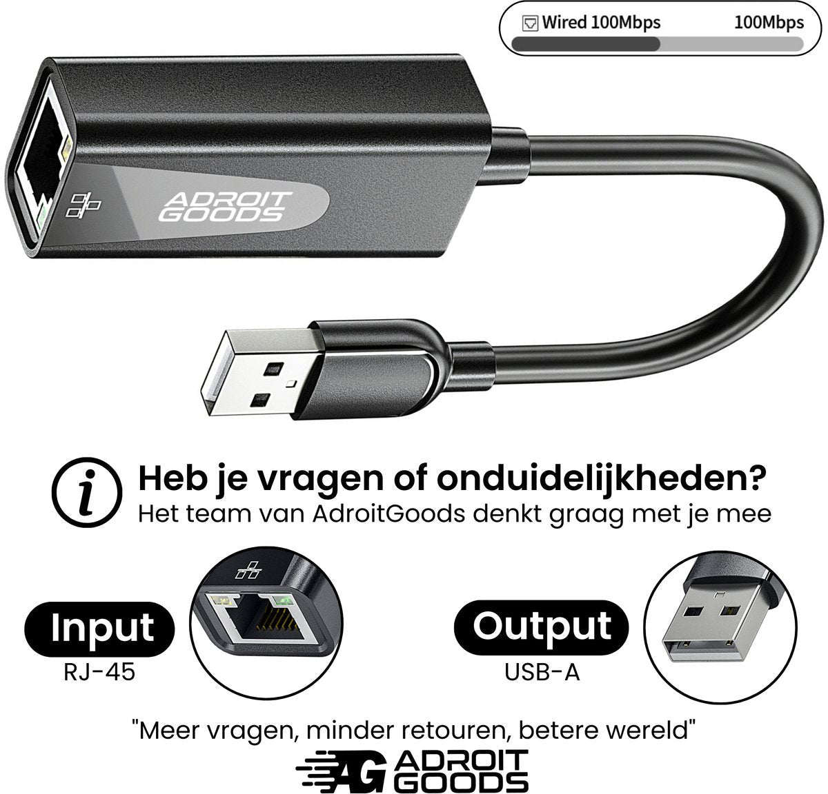 zwarte USB-A naar RJ-45 adapter kabel voor bekabelde netwerkverbindingen met AdroitGoods logo