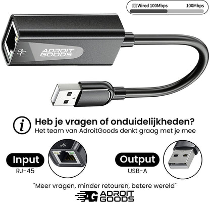 zwarte USB-A naar RJ-45 adapter kabel voor bekabelde netwerkverbindingen met AdroitGoods logo
