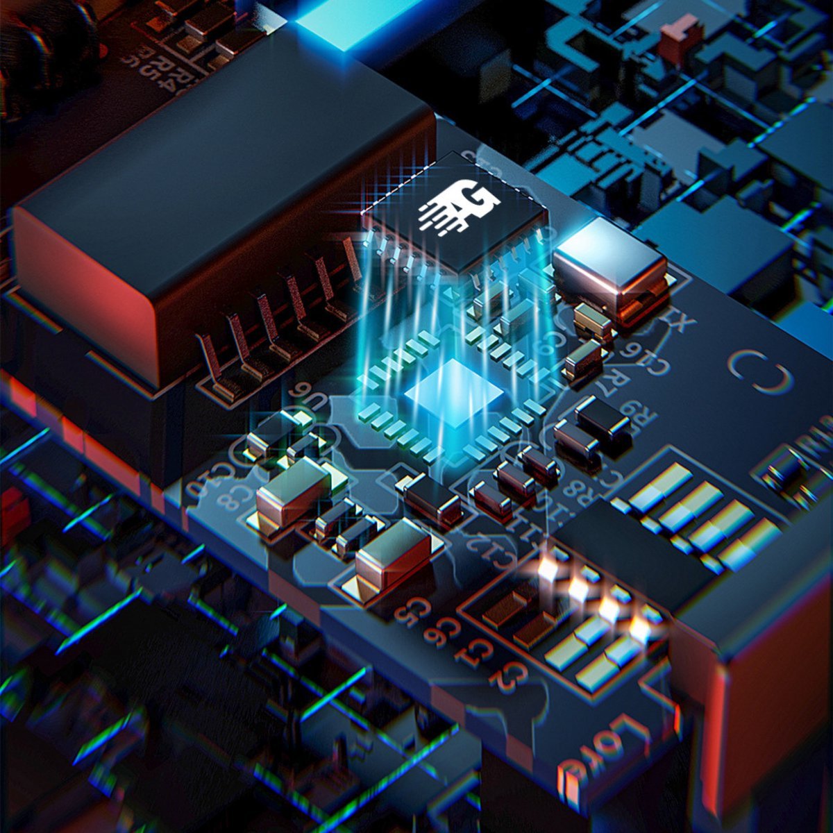 close-up van een printplaat met een gloeiende microchip en digitale datastromen in blauw tinten