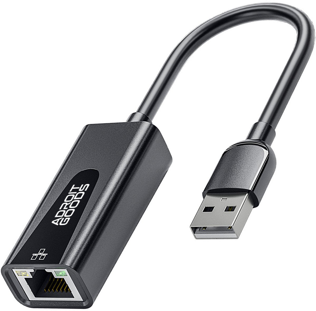 Zwarte USB naar ethernet adapter met korte kabel en merknaam AdroitGoods zichtbaar