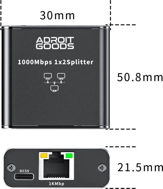 compact zwarte AdroitGoods netwerk splitter met Ethernet poort en USB C aansluiting