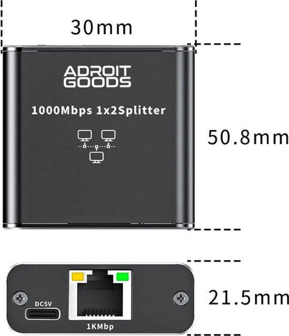 compact zwarte AdroitGoods netwerk splitter met Ethernet poort en USB C aansluiting