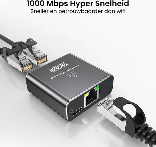Compact zwarte netwerksplitter met drie netwerkkabels en snelle verbindingspoorten
