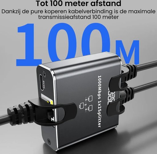 Zwarte 1000Mbps 1x2 splitter met drie aangesloten kabels en USB-C poort zichtbaar.