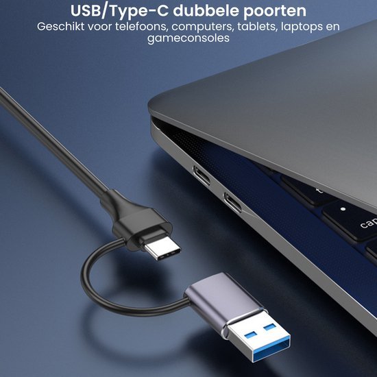 USB Type-C en USB A kabels naast laptop met dubbele poorten zichtbaar in grijs kleur