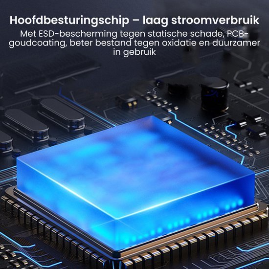Blauw verlicht hoofdbesturingschip op printplaat met elektronische componenten en verbindingen