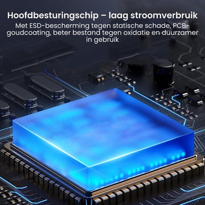 Blauw verlicht hoofdbesturingschip op printplaat met elektronische componenten en verbindingen