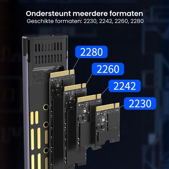 Zwarte SSD-adapters met ondersteuning voor vier verschillende M.2-formaatkaarten weergegeven