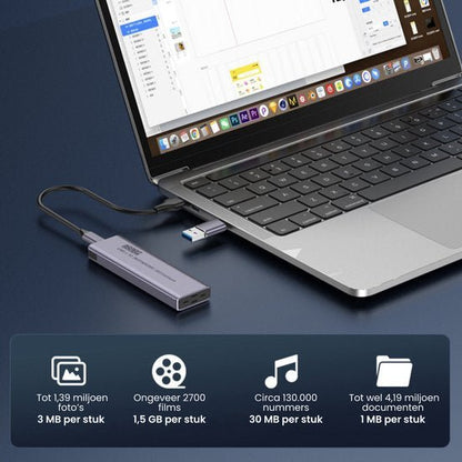 usb-c hub aangesloten op laptop met meerdere poorten voor dataoverdracht en opslagcapaciteit informatie