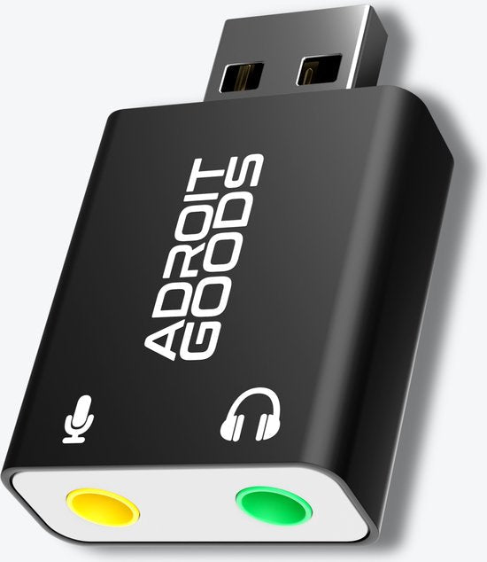 Zwarte AdroitGoods USB geluidsadapter met gele microfoon- en groene hoofdtelefoonaansluiting