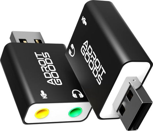 Zwarte USB-geluidskaart met hoofdtelefoon- en microfoonaansluiting van AdroitGoods