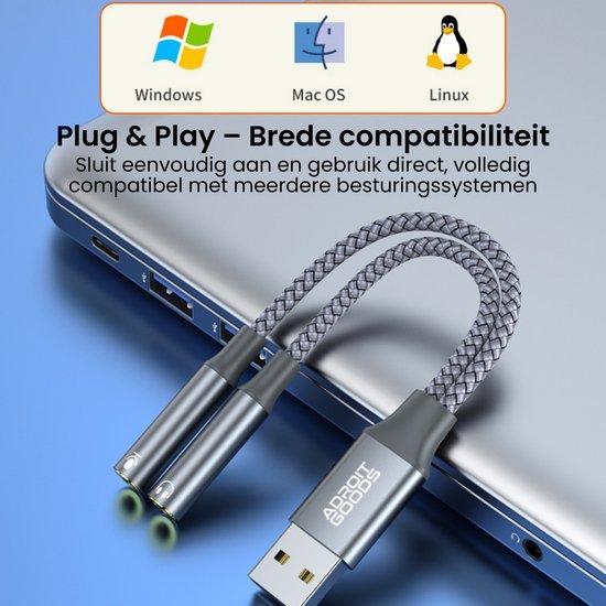 Geweven dubbele kabel met USB en audio connectors, compatibel met Windows, Mac OS en Linux