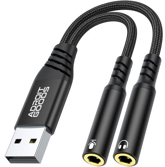 AdroitGoods zwarte gevlochten USB splitter kabel met microfoon en hoofdtelefoon jack aansluitingen