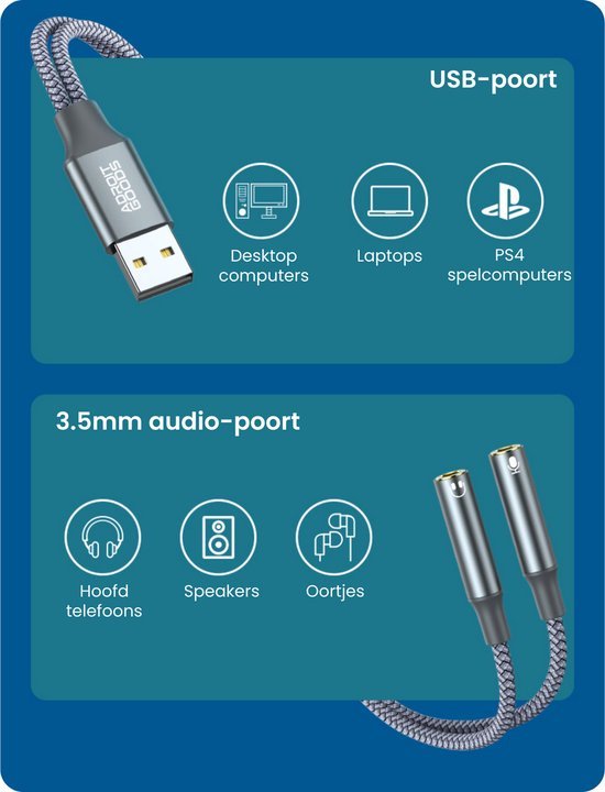 USB-kabel met 3,5mm audio-poorten voor computers, laptops, koptelefoons en speakers