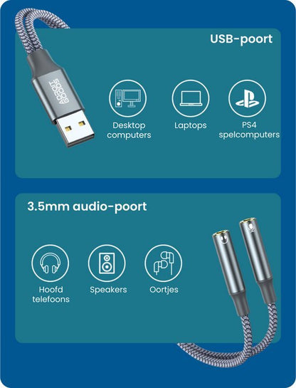 USB-kabel met 3,5mm audio-poorten voor computers, laptops, koptelefoons en speakers