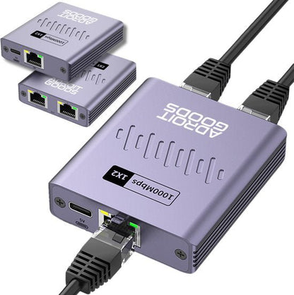 Paarse netwerkkabel adapter met meerdere ethernetpoorten en USB-C aansluiting in een set