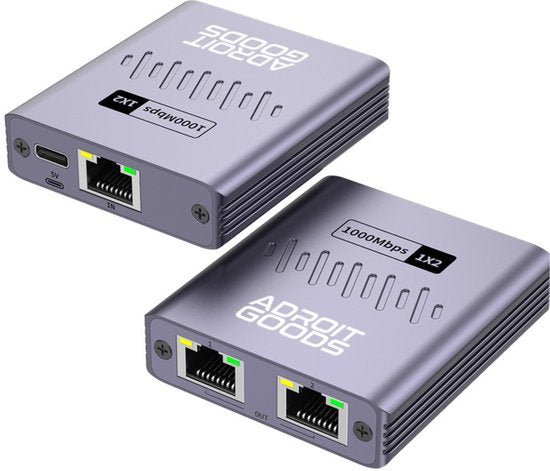 compact zilverkleurig netwerkapparaat met ethernetpoorten en usb-c aansluiting