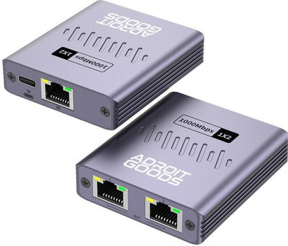 compact zilverkleurig netwerkapparaat met ethernetpoorten en usb-c aansluiting