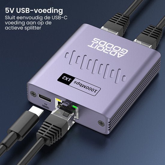 paars metalen netwerk splitter met meerdere bekabelde ethernet poorten en usb-c aansluiting