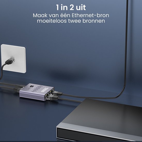 Ethernet-splitter aangesloten op muur en apparaten voor het verdelen van internetverbinding.
