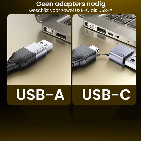 USB-A en USB-C kabels aangesloten op laptoppoort zonder adapters nodig te hebben