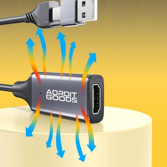 Zwart AdroitGoods apparaat met USB- en HDMI-aansluitingen en warmteafvoerpijlen zichtbaar