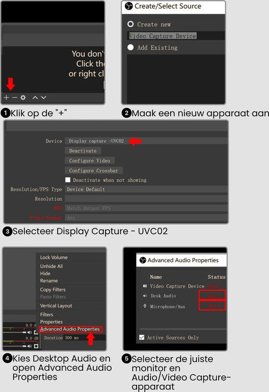 stapsgewijze instructies voor het instellen van video- en audioapparaten in softwaremenu's