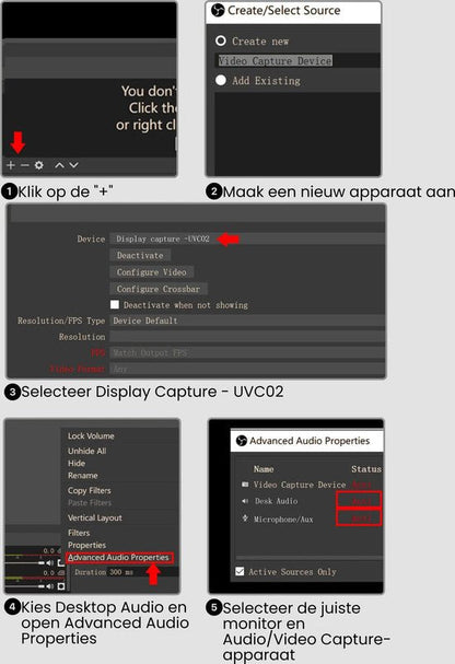 stapsgewijze instructies voor het instellen van video- en audioapparaten in softwaremenu's