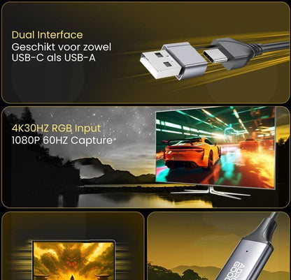 Zwarte kabel met adapters voor USB-C en USB-A, passend bij meerdere apparaten