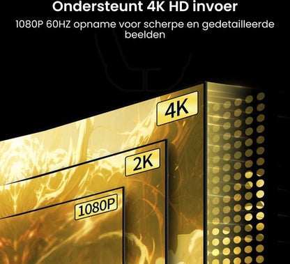 Illustratie van schermresoluties 1080P, 2K en 4K met gouden kleureffect en tekst in het Nederlands