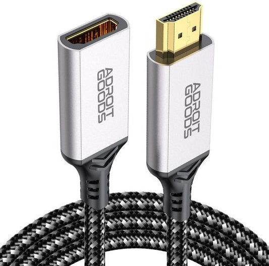 zwarte gehaakte kabel met zilverkleurige AdroitGoods HDMI connectoren aan beide zijden