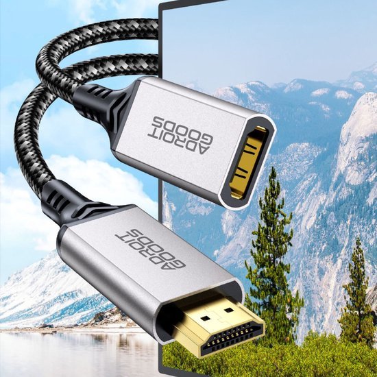 Zwarte gevlochten HDMI-kabel met zilverkleurige connectoren en goudkleurige contactpunten