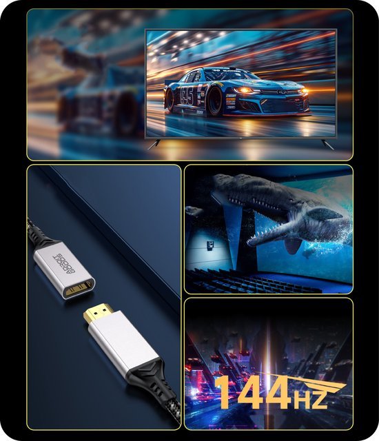 Close-up van een hdmi-kabel met beelden van een raceauto, haai en 144Hz schermweergave