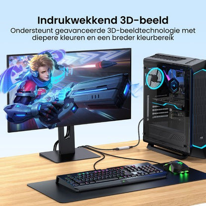Moderne desktopcomputer met kleurrijk toetsenbord, muis en een 3D-beeldscherm op bureau