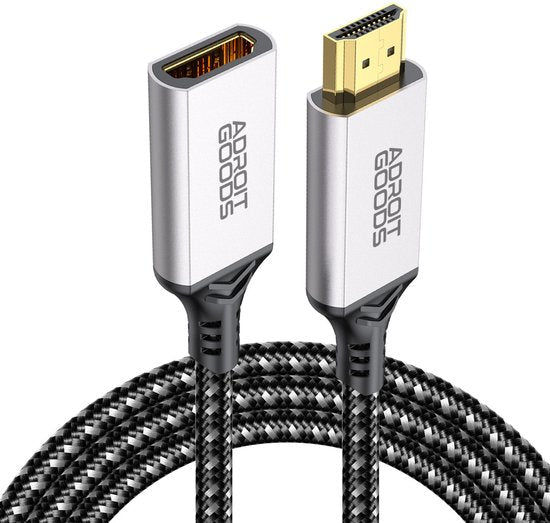 zwart grijs gevlochten HDMI-kabel met zilveren connectoren en merknaam Adroit Goods