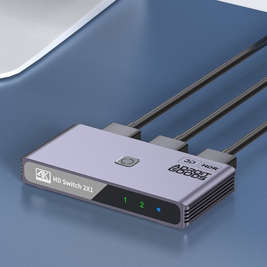 compact 4K HD switch met twee HDMI-ingangen en één uitgang, metalen behuizing met LED-indicatoren