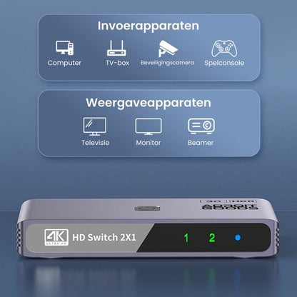 HD switch apparaat met aansluitingen voor computer, tv-box, beveiligingscamera en spelconsole naar televisie, monitor en beamer