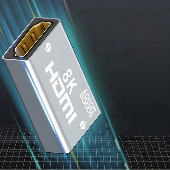 Zilverkleurige 8K HDMI-adapter met AdroitGoods branding en geavanceerd ontwerp