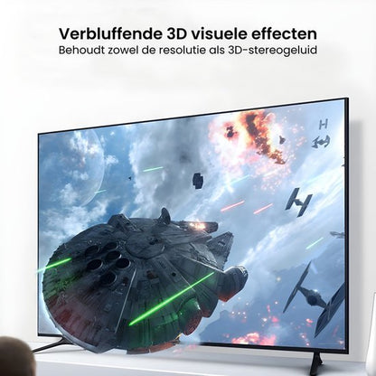 Televisiescherm toont ruimtegevecht met ruimteschepen en explosies tegen een bewolkte hemel.