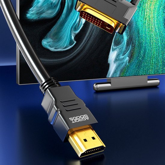 HDMI-kabel van AdroitGoods met gouden connectoren aangesloten op een scherm met kleurrijk patroon