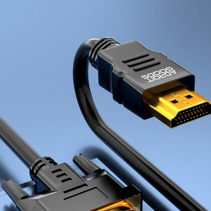 close-up van een zwarte kabel met gouden connectoren tegen een blauwe achtergrond