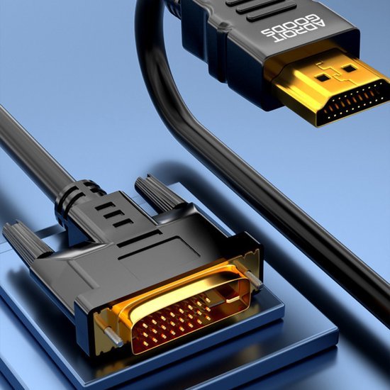 Zwarte kabel met gouden HDMI-connector en DVI-connector op blauwe ondergrond