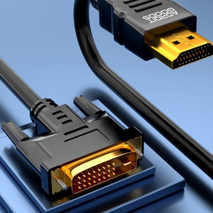 Zwarte kabel met gouden HDMI-connector en DVI-connector op blauwe ondergrond