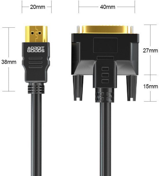 Zwarte kabel met goudkleurige HDMI- en VGA-connectoren en afmetingen weergegeven in millimeters.