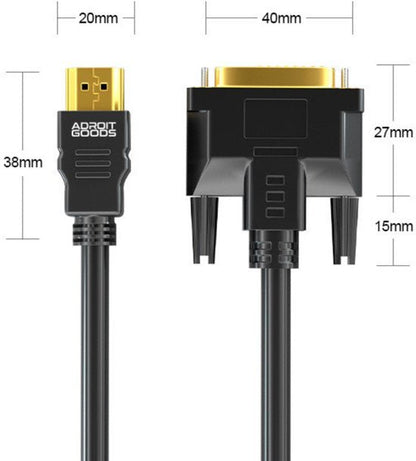 Zwarte kabel met goudkleurige HDMI- en VGA-connectoren en afmetingen weergegeven in millimeters.