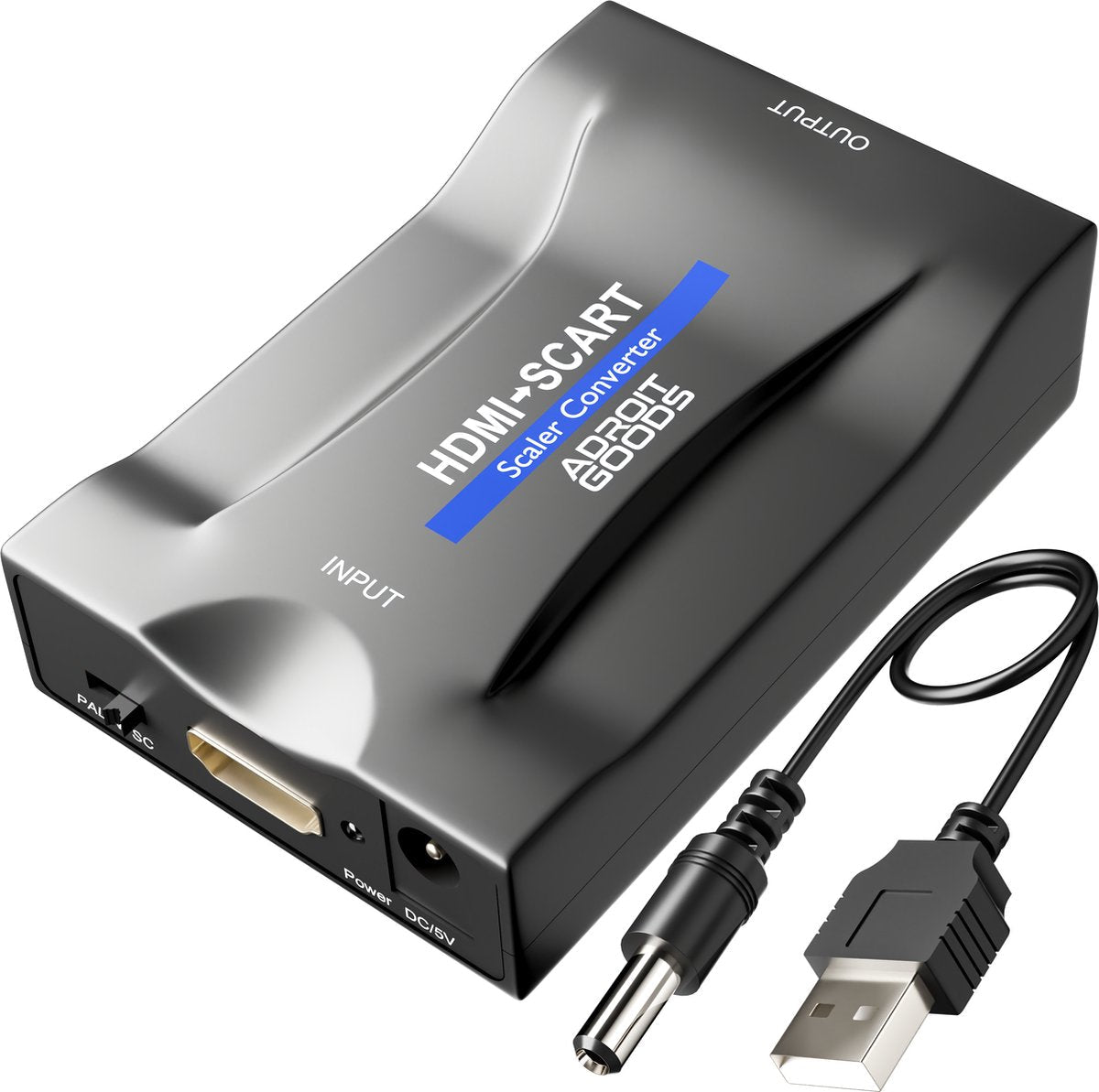 zwarte HDMI naar SCART converter met USB- en stroomkabel voor videoverbindingen