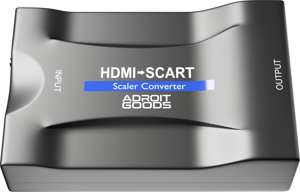 Zwarte HDMI naar SCART converter met AdroitGoods branding, compacte en gestroomlijnde vormgeving.